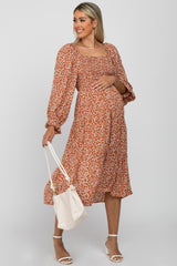 Rust Floral Smocked Tiered Maternity Midi Dress