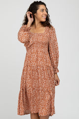 Rust Floral Smocked Tiered Midi Dress