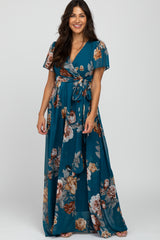 Teal Floral Chiffon Short Sleeve Pleated Maternity Maxi Dress