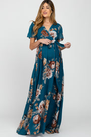 Teal Floral Chiffon Short Sleeve Pleated Maternity Maxi Dress