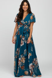 Teal Floral Chiffon Short Sleeve Pleated Maxi Dress