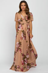 Beige Floral Chiffon Short Sleeve Pleated Maternity Maxi Dress