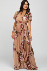 Beige Floral Chiffon Short Sleeve Pleated Maxi Dress