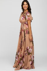 Beige Floral Chiffon Short Sleeve Pleated Maxi Dress