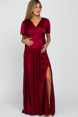 Burgundy Side Slit Satin Maternity Maxi Dress