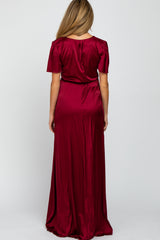 Burgundy Side Slit Satin Maternity Maxi Dress