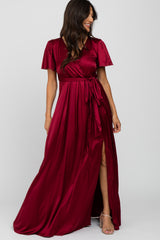 Burgundy Side Slit Satin Maternity Maxi Dress