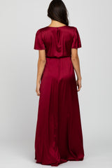 Burgundy Side Slit Satin Maxi Dress