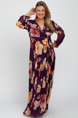 Plum Floral Chiffon Long Sleeve Pleated Maternity Plus Maxi Dress