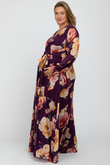 Plum Floral Chiffon Long Sleeve Pleated Maternity Plus Maxi Dress