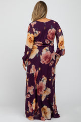 Plum Floral Chiffon Long Sleeve Pleated Maternity Plus Maxi Dress