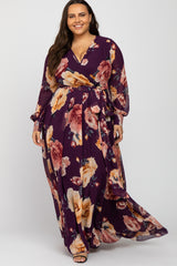 Plum Floral Chiffon Long Sleeve Pleated Plus Maxi Dress