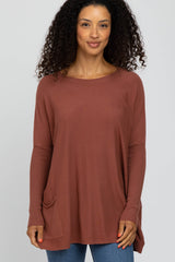 Brown Pocketed Dolman Sleeve Top