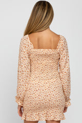 Cream Floral Long Sleeve Smocked Maternity Mini Dress