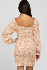 Cream Floral Long Sleeve Smocked Mini Dress