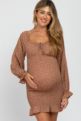 Taupe Floral Long Sleeve Smocked Maternity Mini Dress