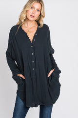 Black Distressed Seam Button Down Top