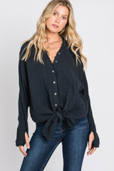 Black Distressed Seam Maternity Button Down Top