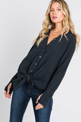 Black Distressed Seam Button Down Top