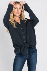 Black Distressed Seam Button Down Top