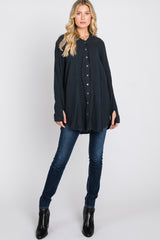 Black Distressed Seam Button Down Top