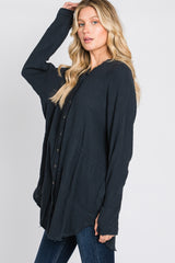 Black Distressed Seam Button Down Top