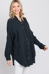 Navy Distressed Seam Button Down Top