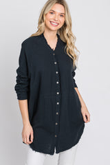 Navy Distressed Seam Button Down Top