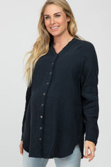 Navy Distressed Seam Maternity Button Down Top