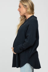 Navy Distressed Seam Maternity Button Down Top