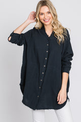 Navy Distressed Seam Maternity Button Down Top