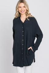 Navy Distressed Seam Button Down Top