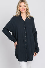 Navy Distressed Seam Button Down Top