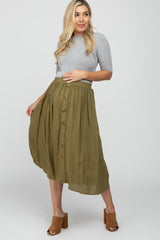 Olive Button Accent Pleated Maternity Midi Skirt