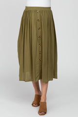 Olive Button Accent Pleated Maternity Midi Skirt