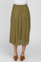 Olive Button Accent Pleated Maternity Midi Skirt