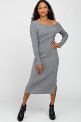 Grey Ribbed Off Shoulder Long Sleeve Maternity Midi Dress