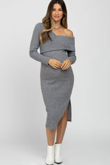 Grey Ribbed Off Shoulder Long Sleeve Maternity Midi Dress