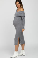 Grey Ribbed Off Shoulder Long Sleeve Maternity Midi Dress