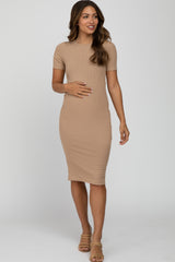 Beige Ribbed Short Sleeve Fitted Maternity Dress