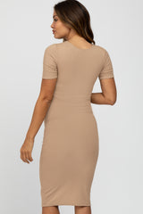 Beige Ribbed Short Sleeve Fitted Maternity Dress