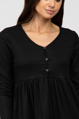 Black Ribbed Button Front Tiered Dress