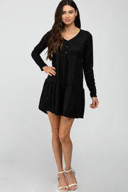 Black Ribbed Button Front Tiered Dress