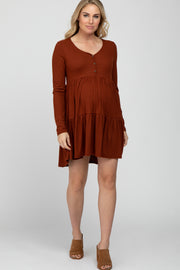 Rust Ribbed Button Front Tiered Maternity Dress