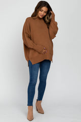 Camel Mock Neck Exposed Seam Maternity Sweater