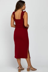 Burgundy Sleeveless Ribbed Ruffle Strap Maternity Dress