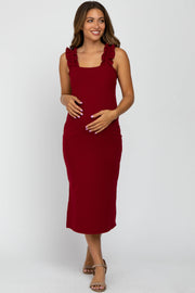 Burgundy Sleeveless Ribbed Ruffle Strap Maternity Dress