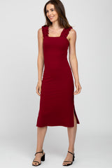 Burgundy Sleeveless Ribbed Ruffle Strap Maternity Dress