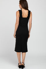 Black Sleeveless Ribbed Ruffle Strap Dress