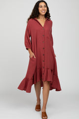 Rust Button Down Hi-Low Maternity Midi Dress